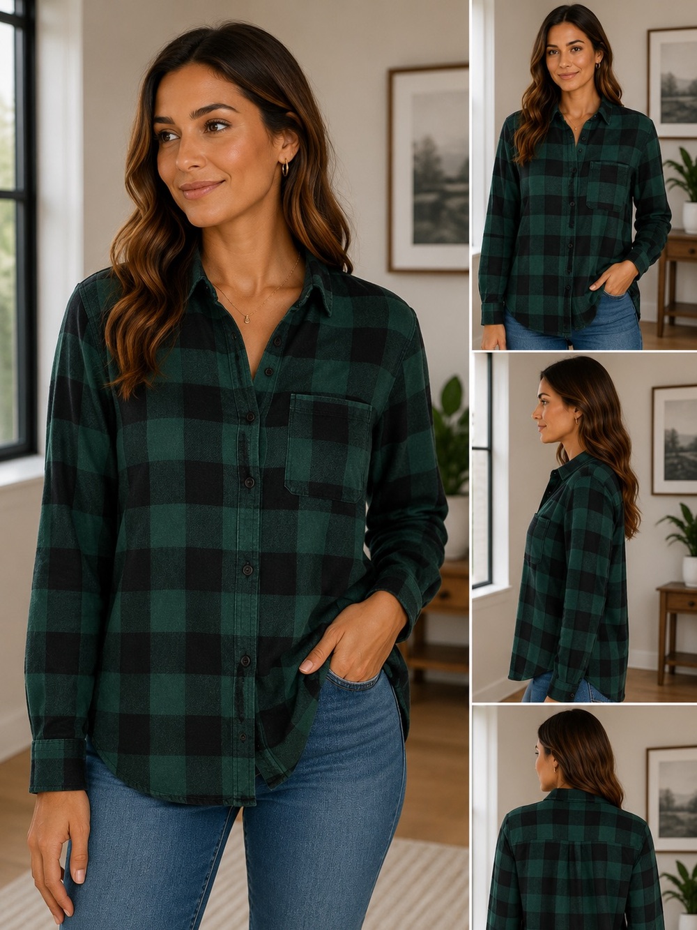 Women’s Green and Black Plaid Button-Up Shirt